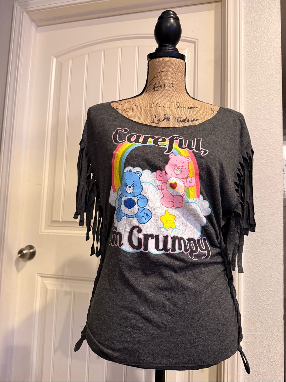 Careful I'm Grumpy Black Graphic Fringe Women's Top